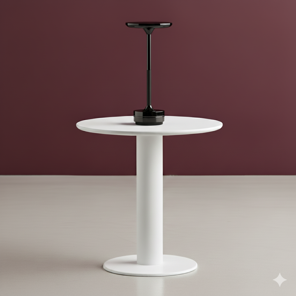 White round table with a black lamp on a plain background