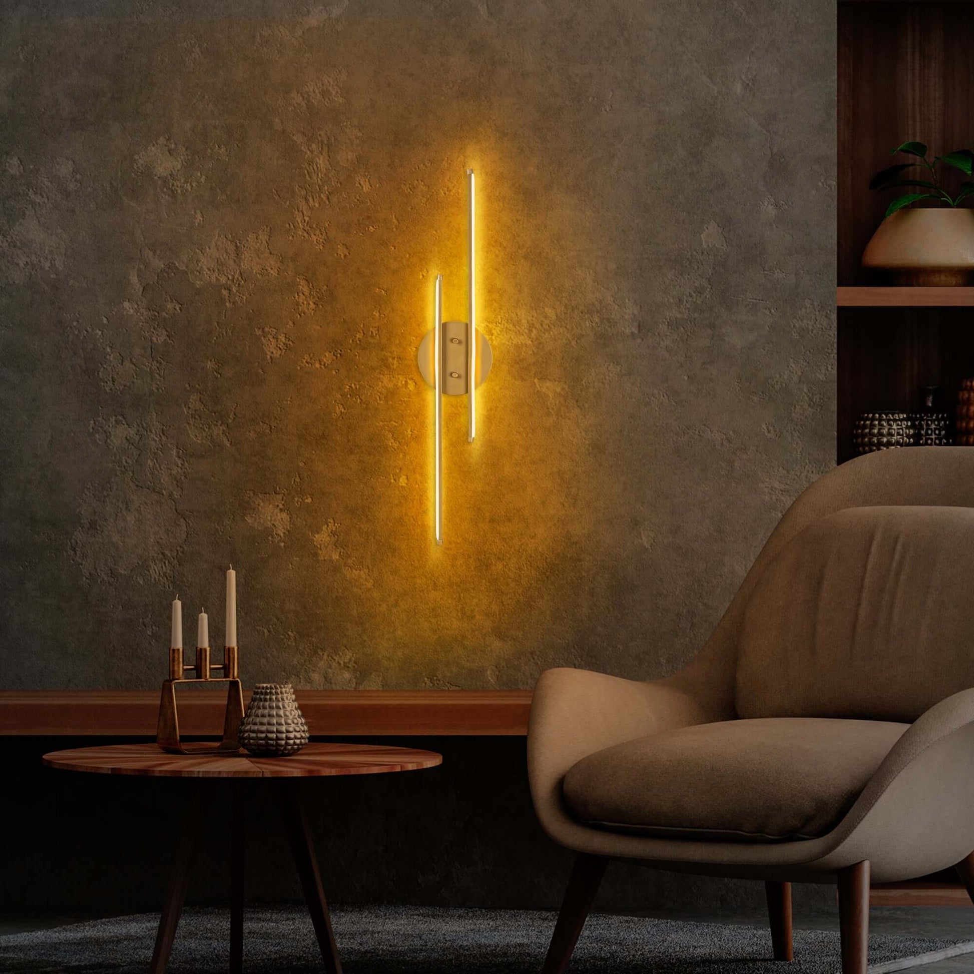 Dual Beam Wall Light in Gold Finish emitting soft glow from two elegant bars. Modern and sophisticated lighting fixture.