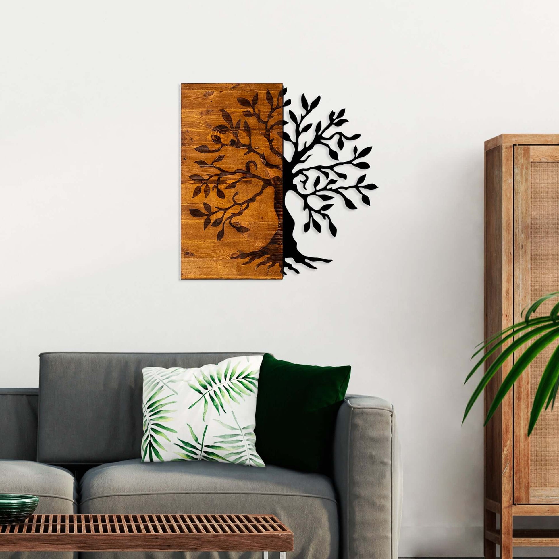 Dual Harmony Tree Wall Art with wooden half-tree merging with sleek metal design.