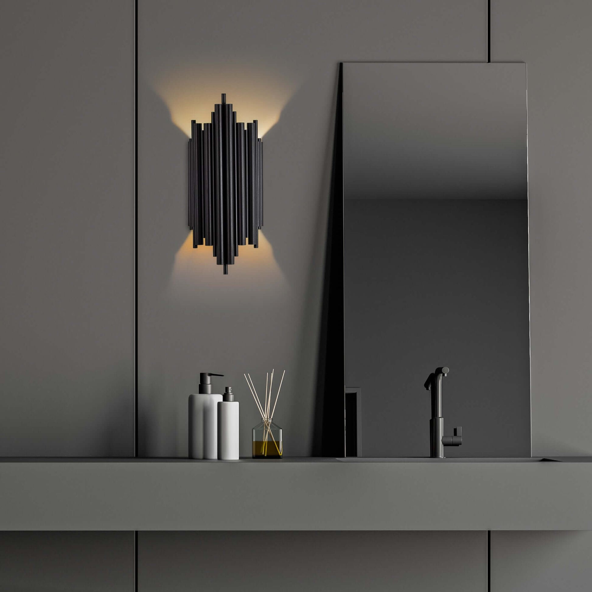 Modern black ribbed column wall light fixture for stylish illumination and decor.