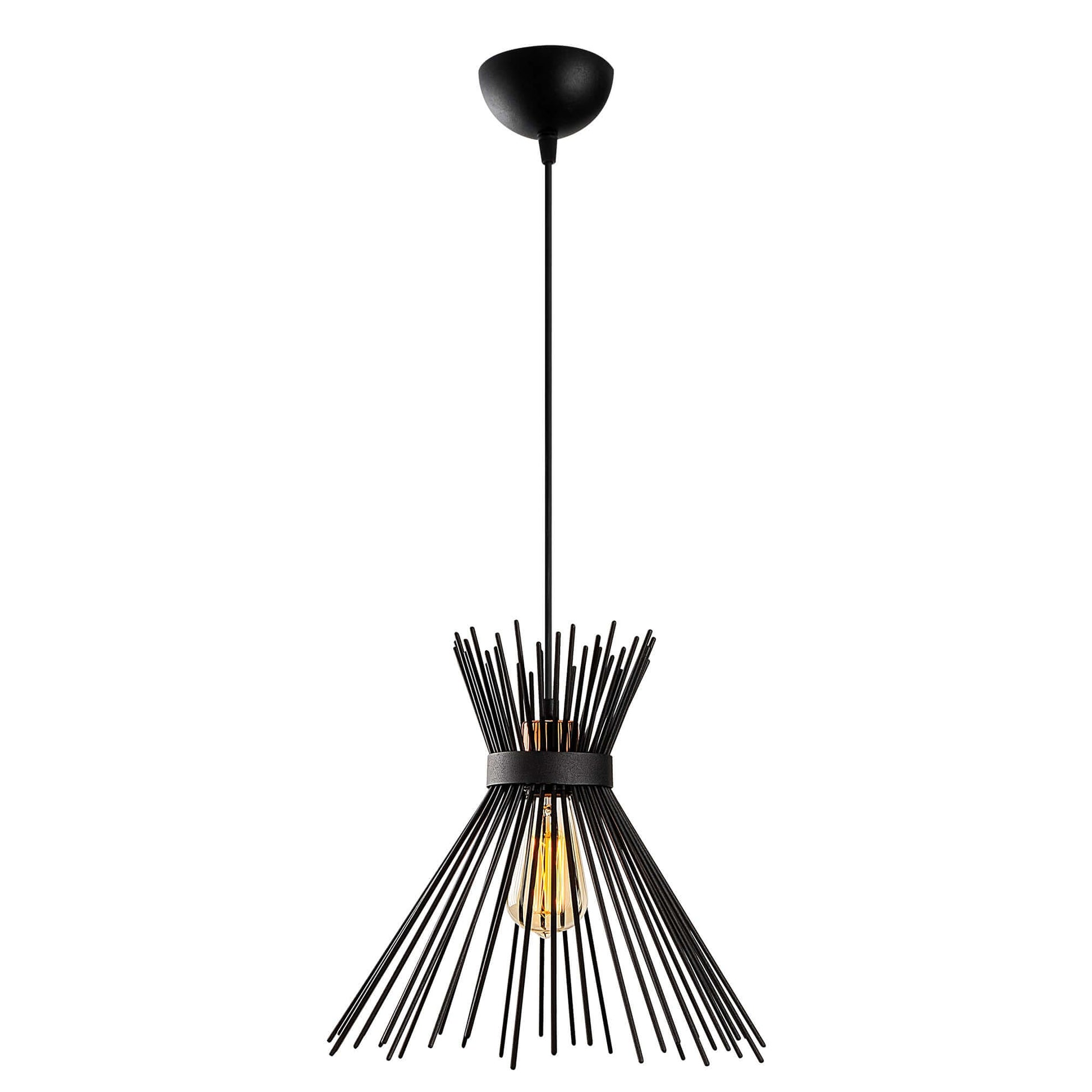 Modern black spire pendant light with exposed bulb for minimalist interiors.