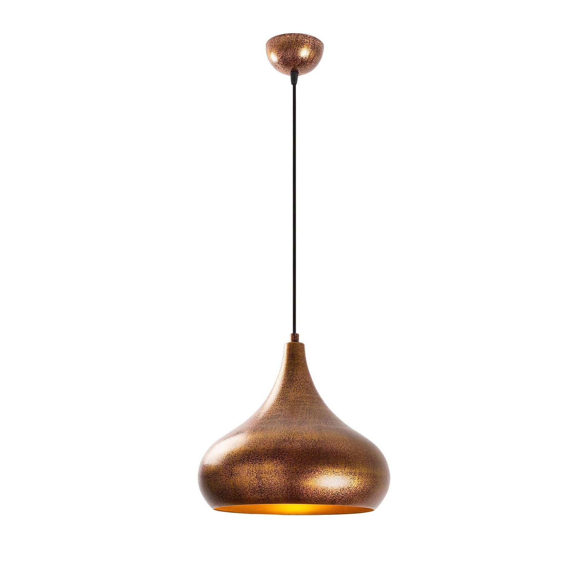 Bronze teardrop pendant light fixture with smooth curved design emitting warm inviting glow.