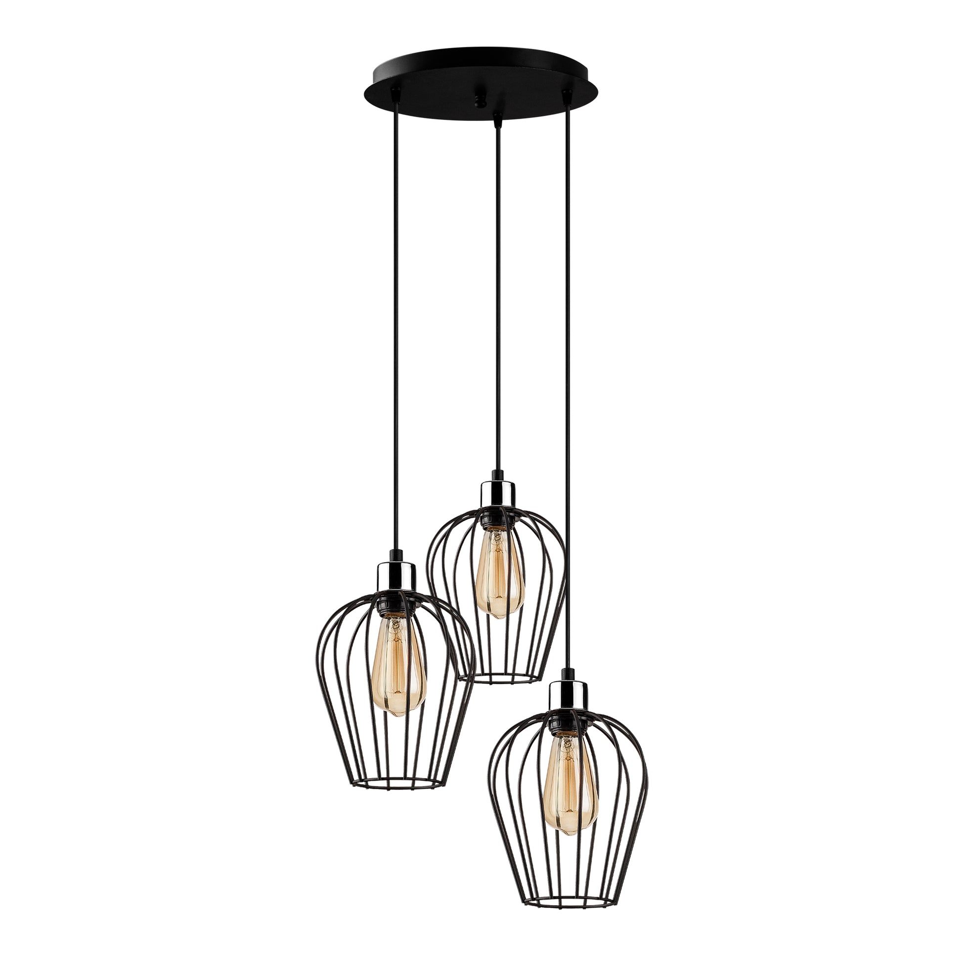 Cage Trio Pendant with modern industrial cage-like shades showcasing bulbs.