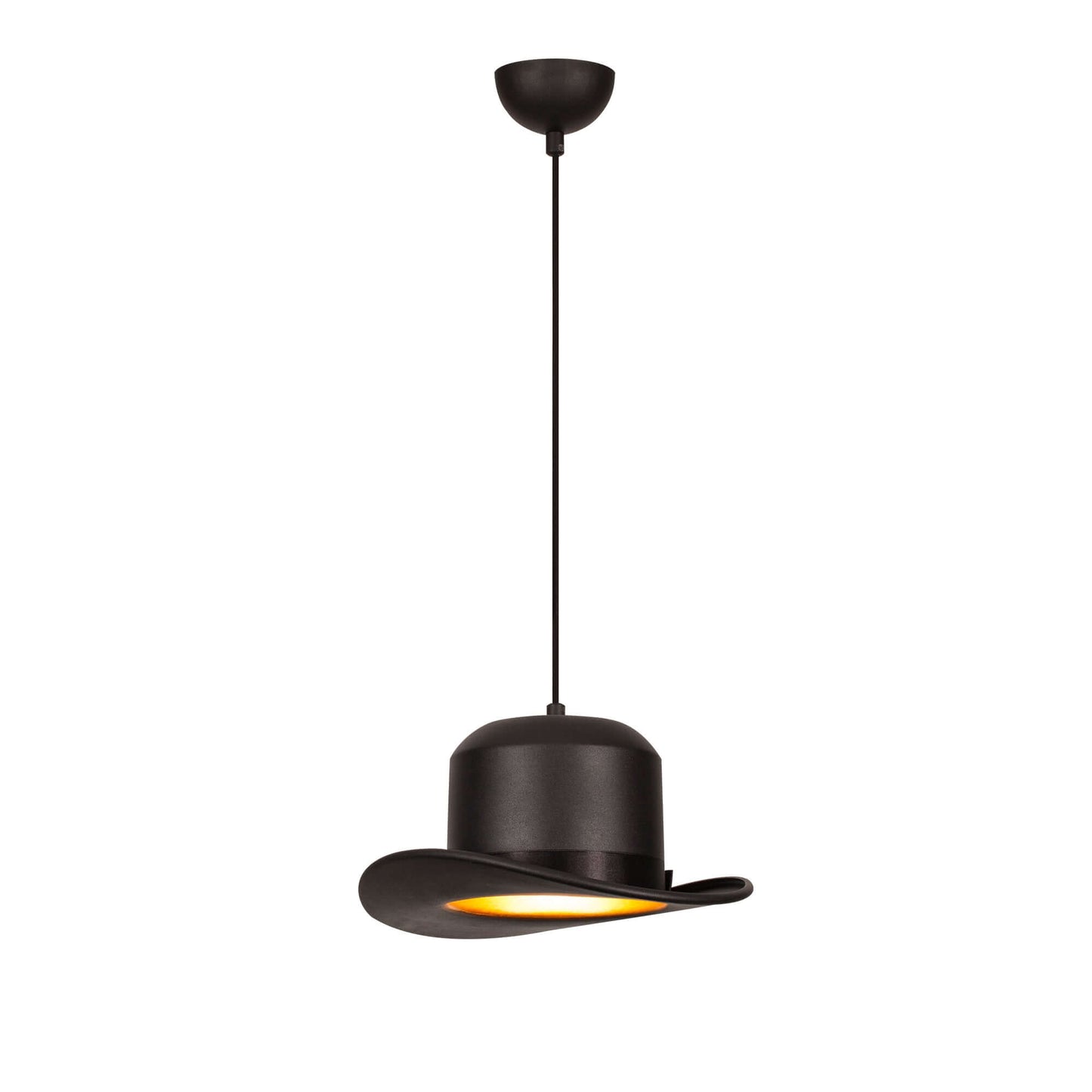 Classic hat pendant light casting warm glow, playful design for creative spaces.