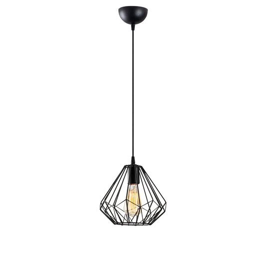 Geometric metal frame pendant light with exposed bulb, industrial chic design.