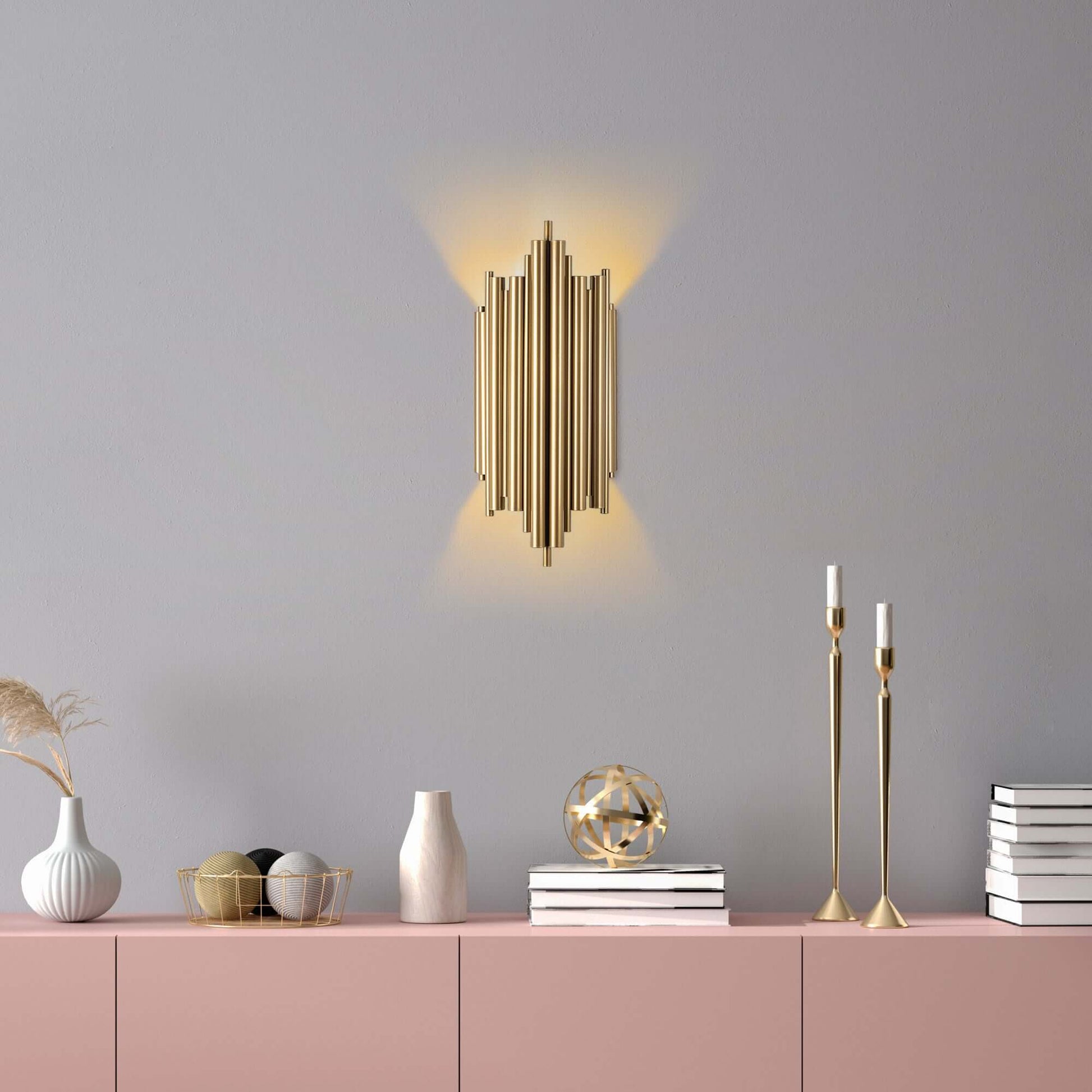 Golden ribbed wall light fixture in luxurious gold finish, adding sophistication and warm glow to any room.