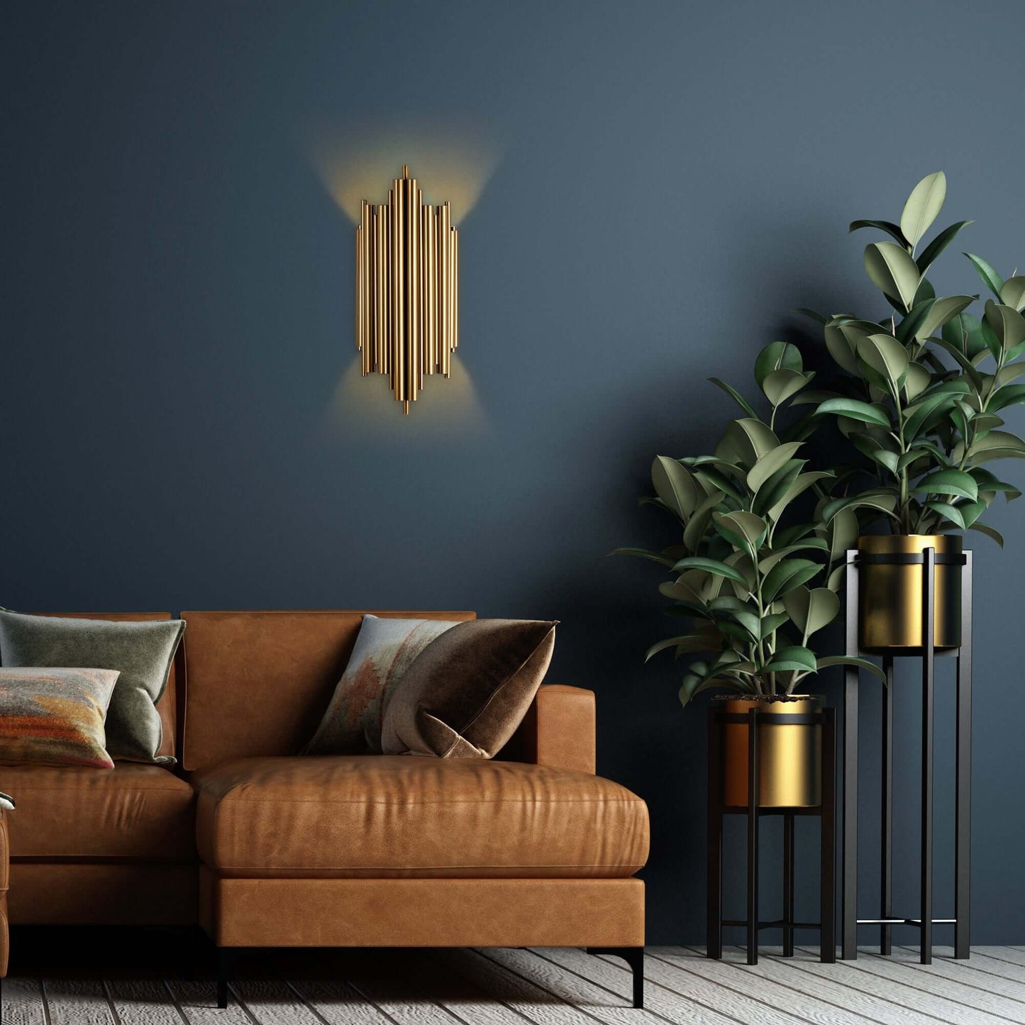 Golden ribbed column wall light fixture in luxurious gold finish, adding sophistication and warmth to any room.