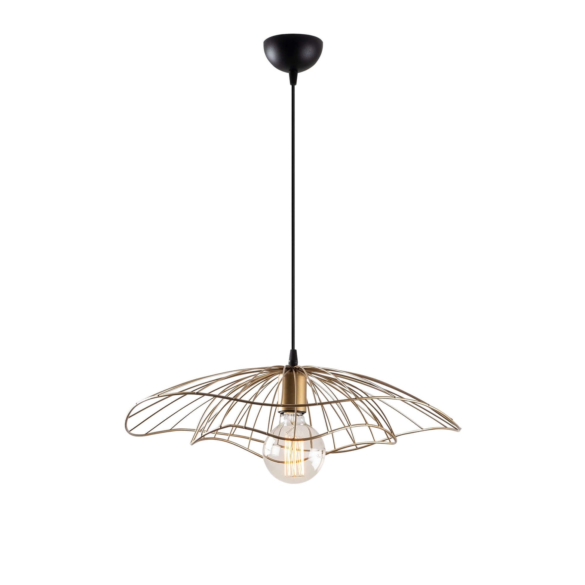 Golden wire petal pendant light with exposed bulb, elegant and luxurious decor accent.