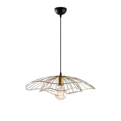 Golden wire petal pendant light with exposed bulb, elegant and luxurious decor accent.