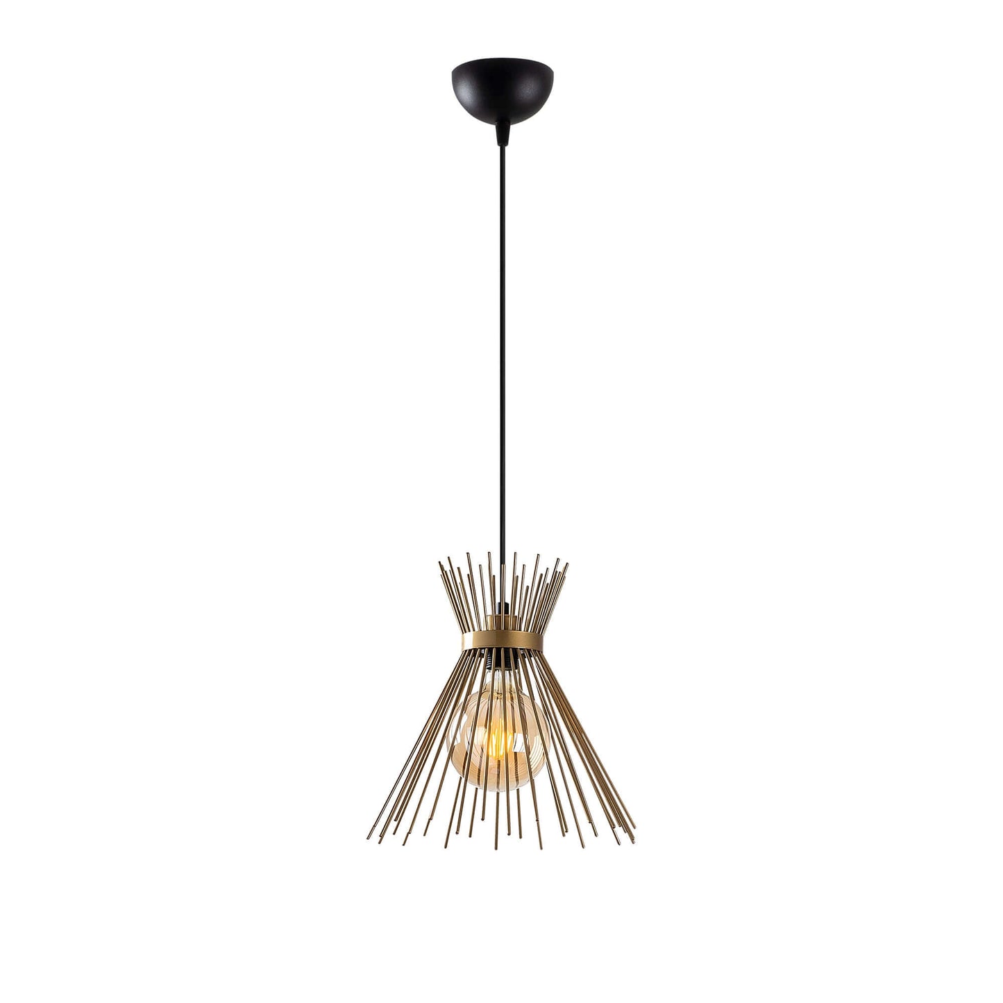 Golden spire pendant light fixture with exposed bulb, adding luxury and sophistication to room decor.