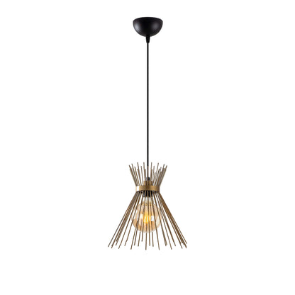 Golden spire pendant light fixture with exposed bulb, adding luxury and sophistication to room decor.