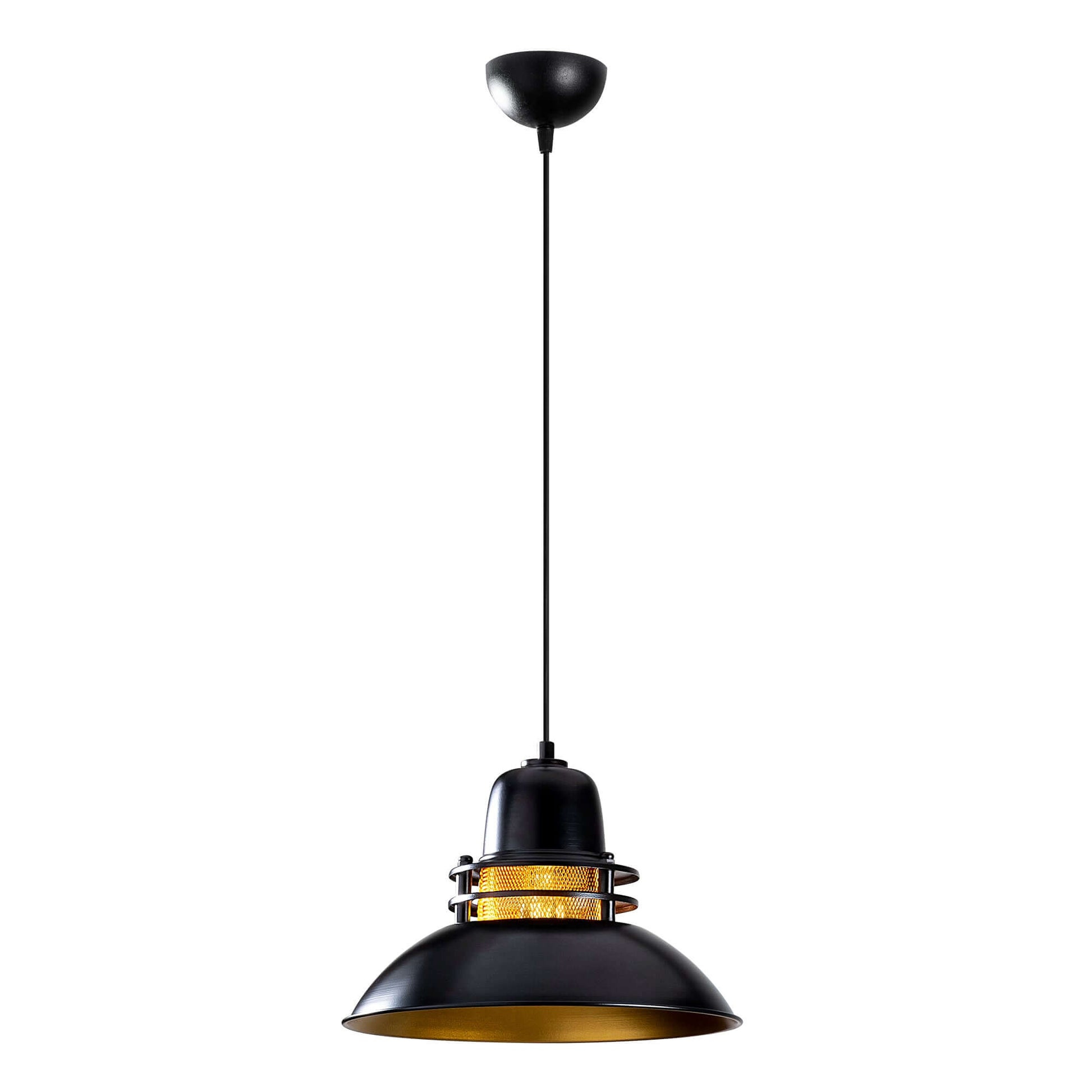 Industrial black pendant light with mesh detail and golden interior, adding character and warmth to any room.