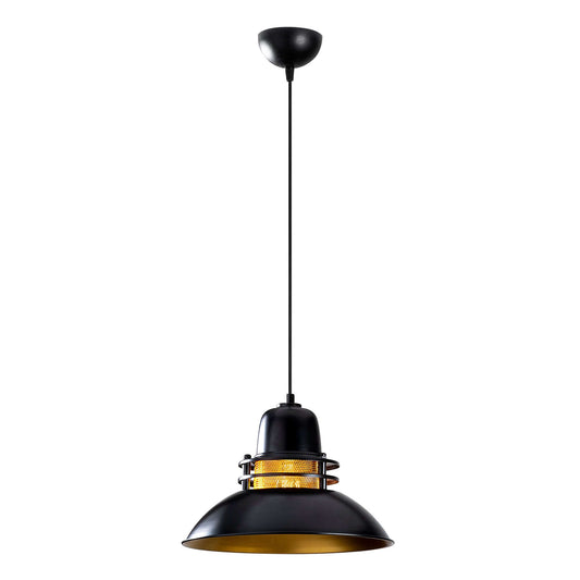 Industrial black pendant light with mesh detail and golden interior, adding character and warmth to any room.