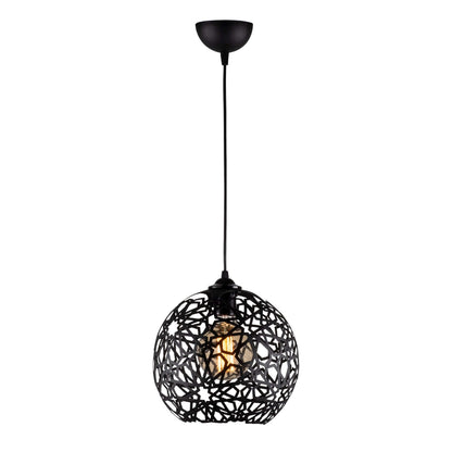 Black lattice globe pendant light with exposed bulb, casting intricate shadows for artistic ambiance.