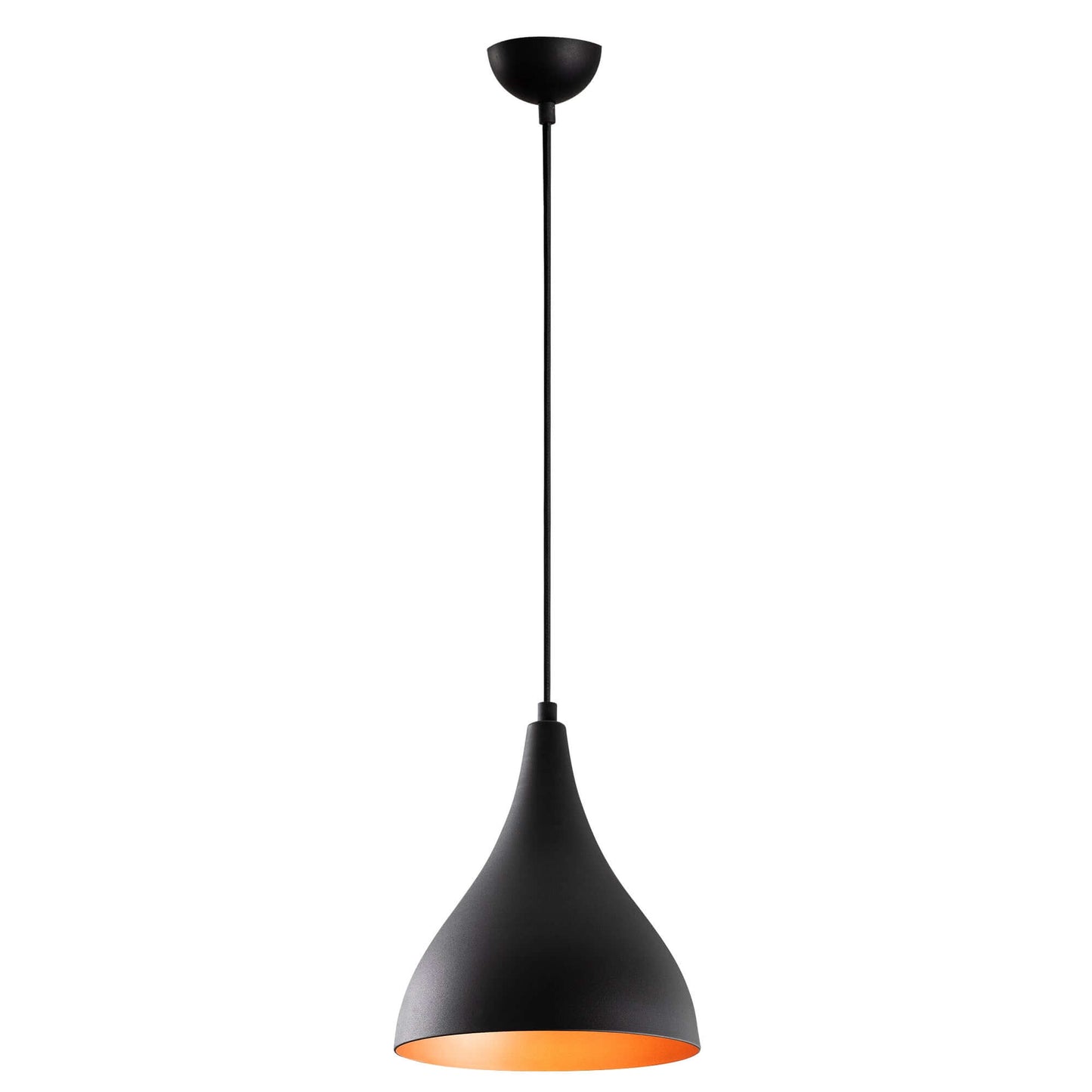 Modern matte black pendant light with warm interior glow, ideal for creating a cozy ambiance in living spaces.