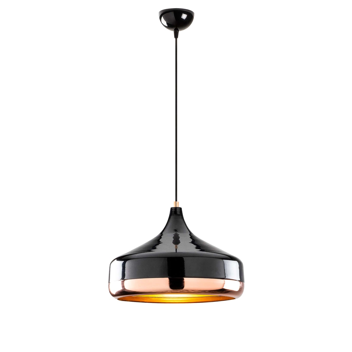 Modern glossy black and copper pendant light with reflective finish, adding glamour to any space.