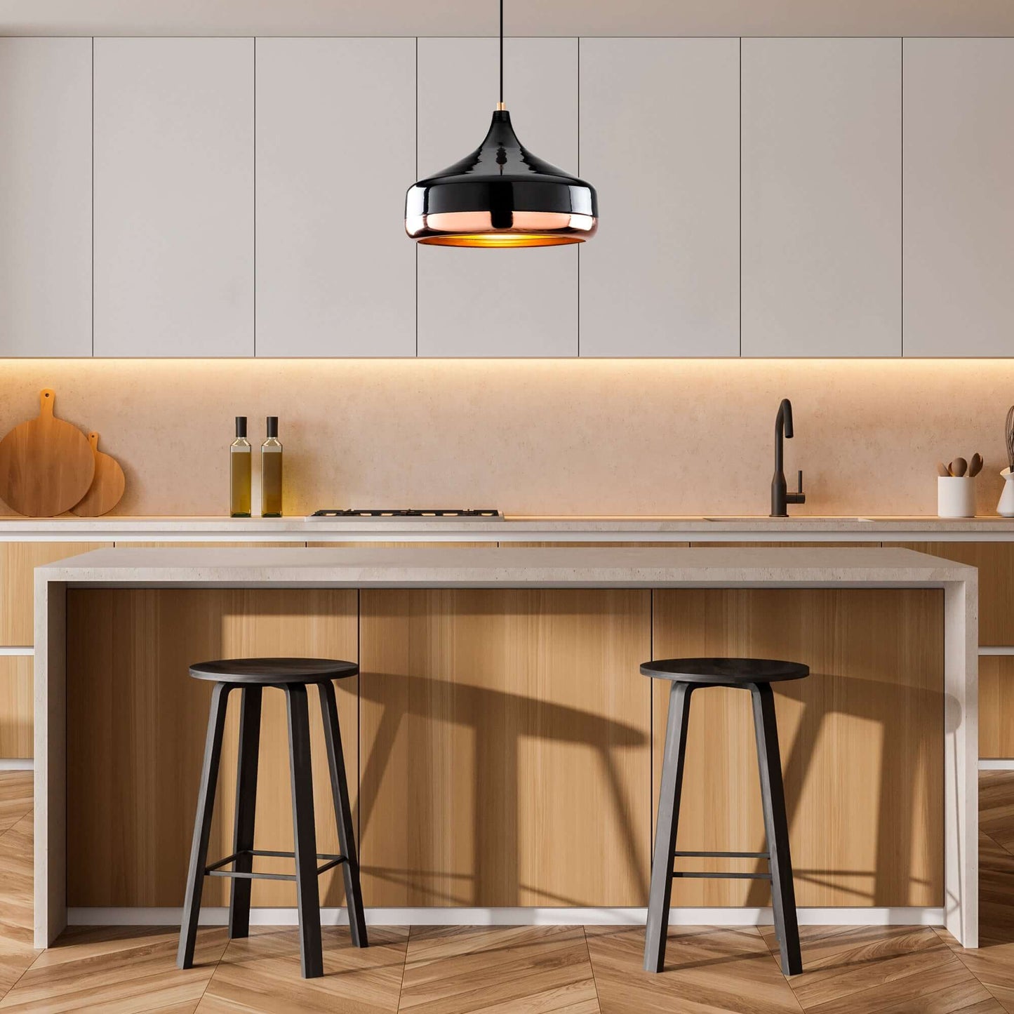 Midnight Gloss Pendant light in black and copper with modern reflective finish, adding glamour to any space.