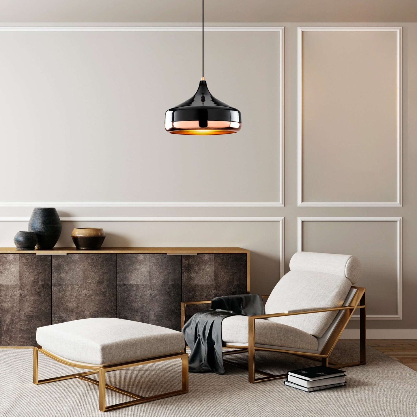 Midnight Gloss Pendant in black and copper with modern reflective finish, adding glamour to any space.