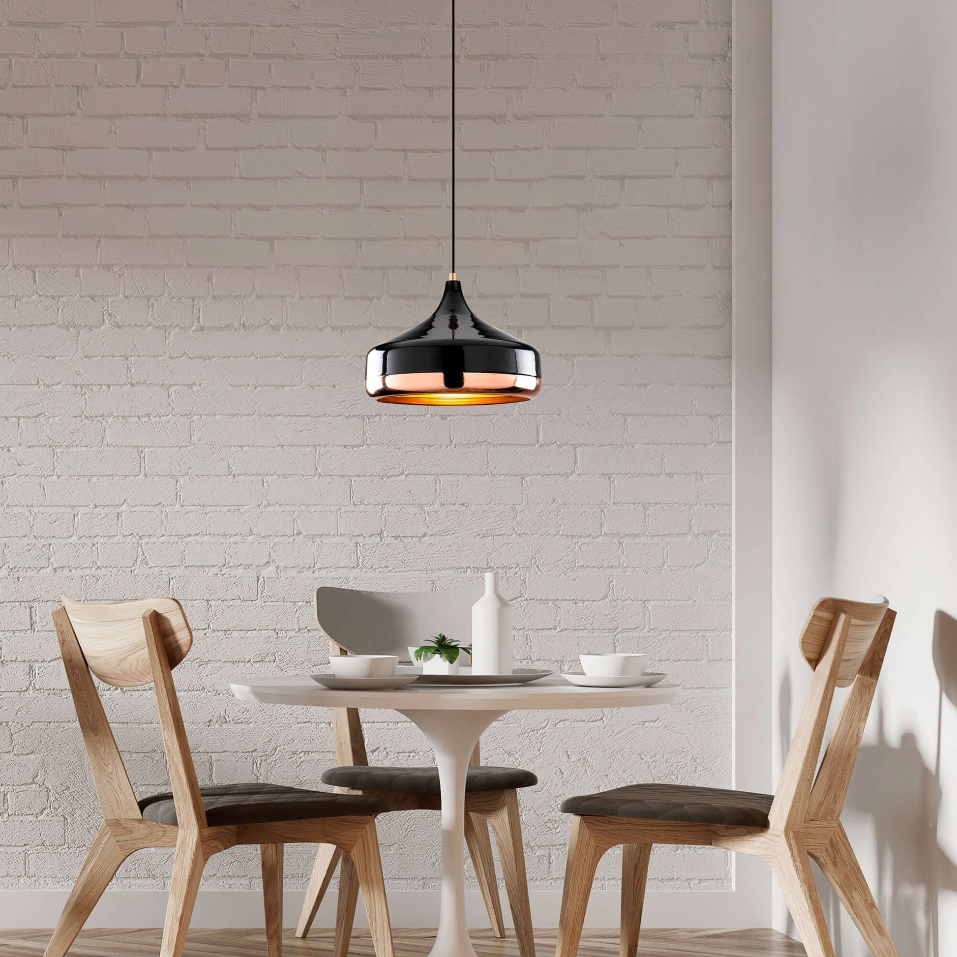 Midnight Gloss Pendant light fixture in black and copper with a modern reflective finish.