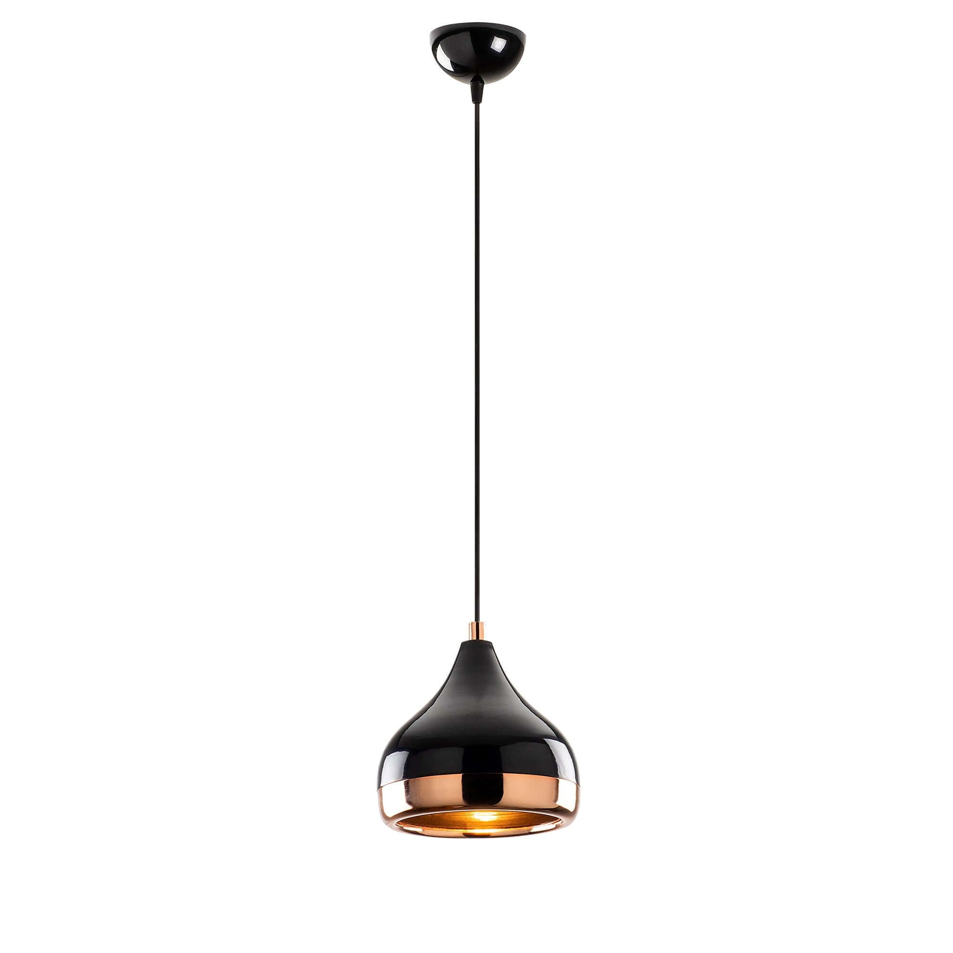 Midnight Gloss Pendant Midsize black pendant light with copper ring accent.