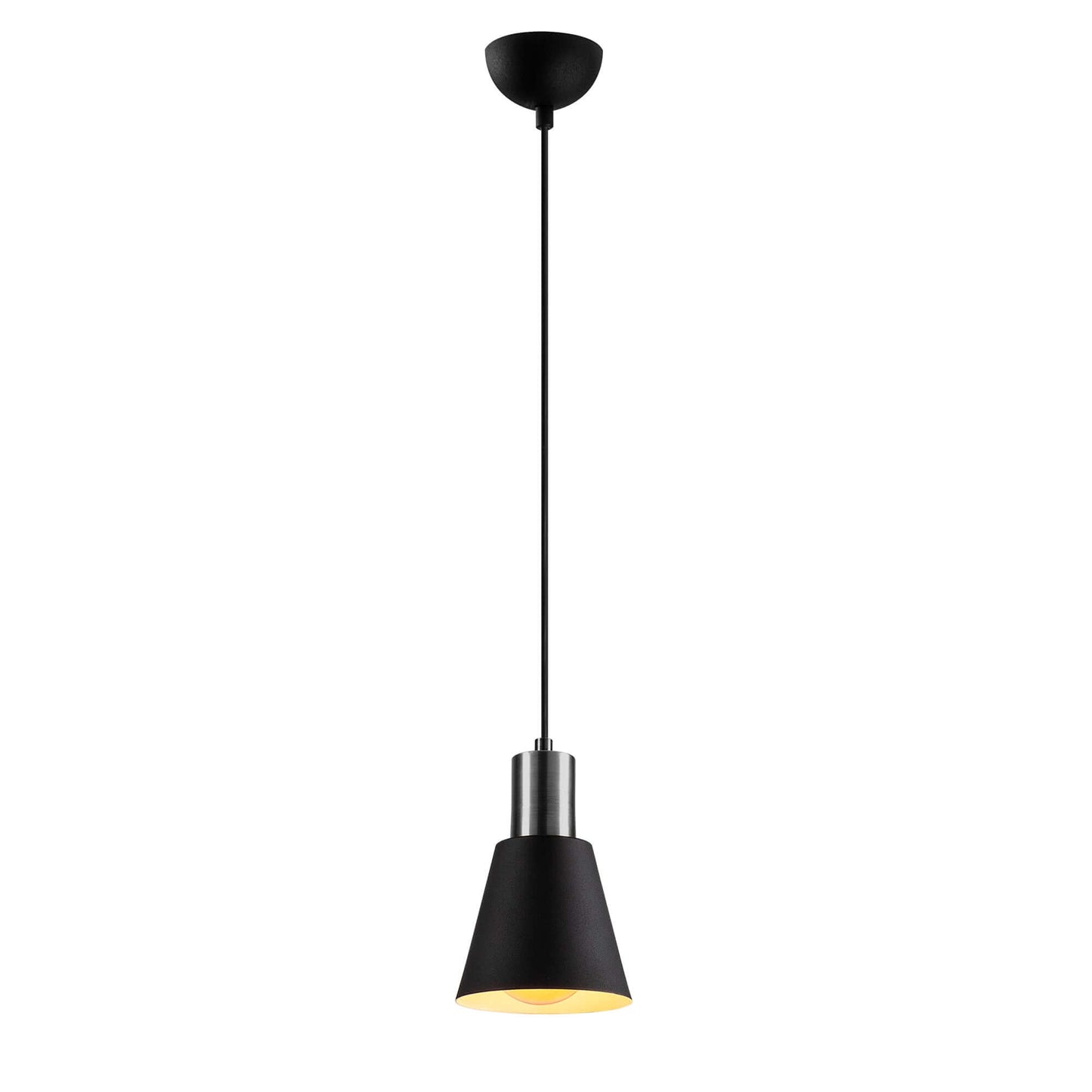 Modern black pendant light with stainless steel accent, perfect for contemporary decor.