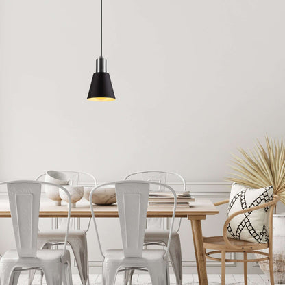 Modern black pendant light with stainless steel accent, perfect for contemporary decor.