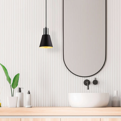 Modern black pendant light with stainless steel accent, perfect for contemporary decor.