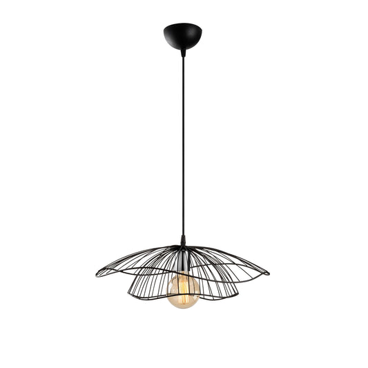 Elegant petal wire pendant light fixture with exposed bulb, adding a delicate floral touch to room decor.