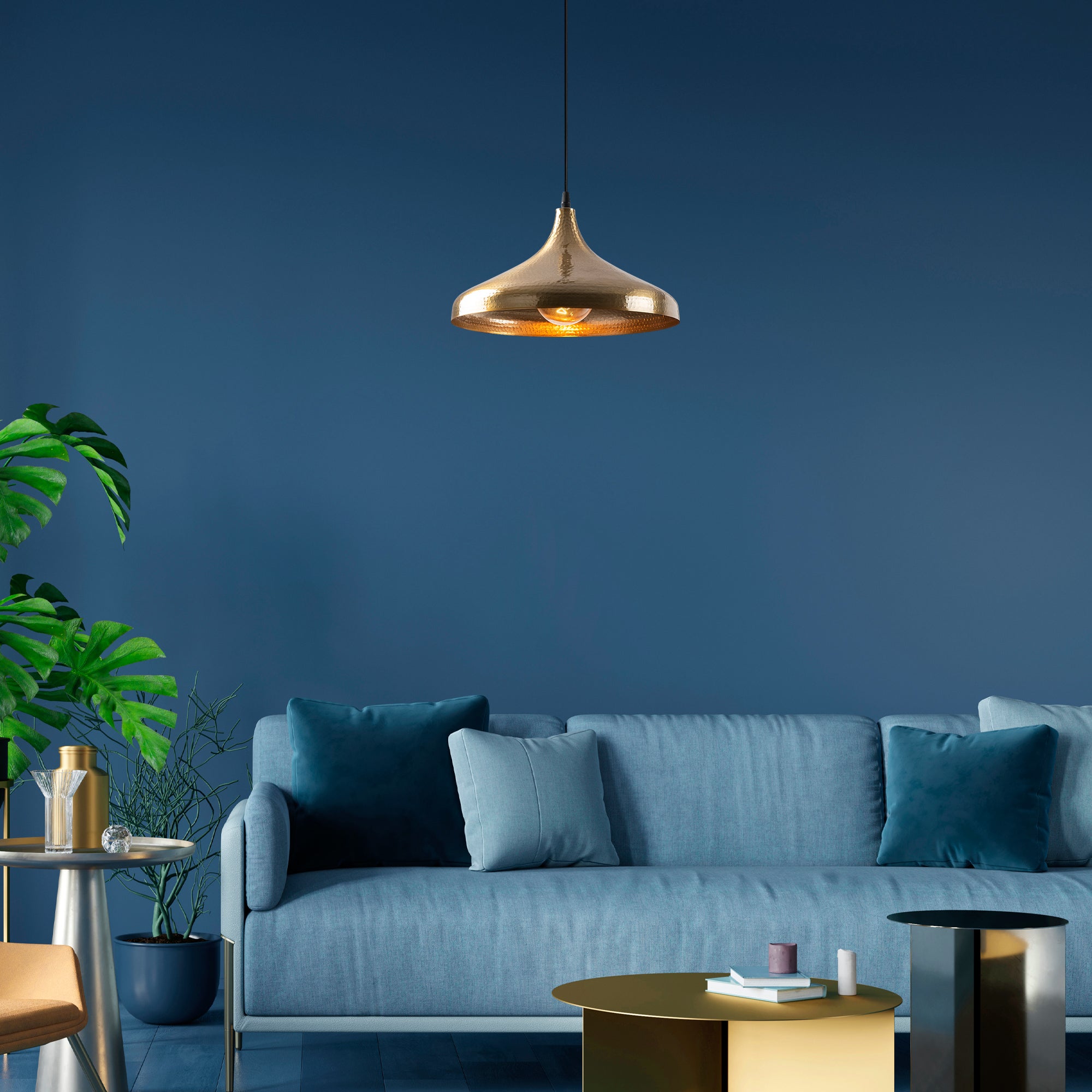 Golden Elegance Pendant Light in a Blue Themed Living Room