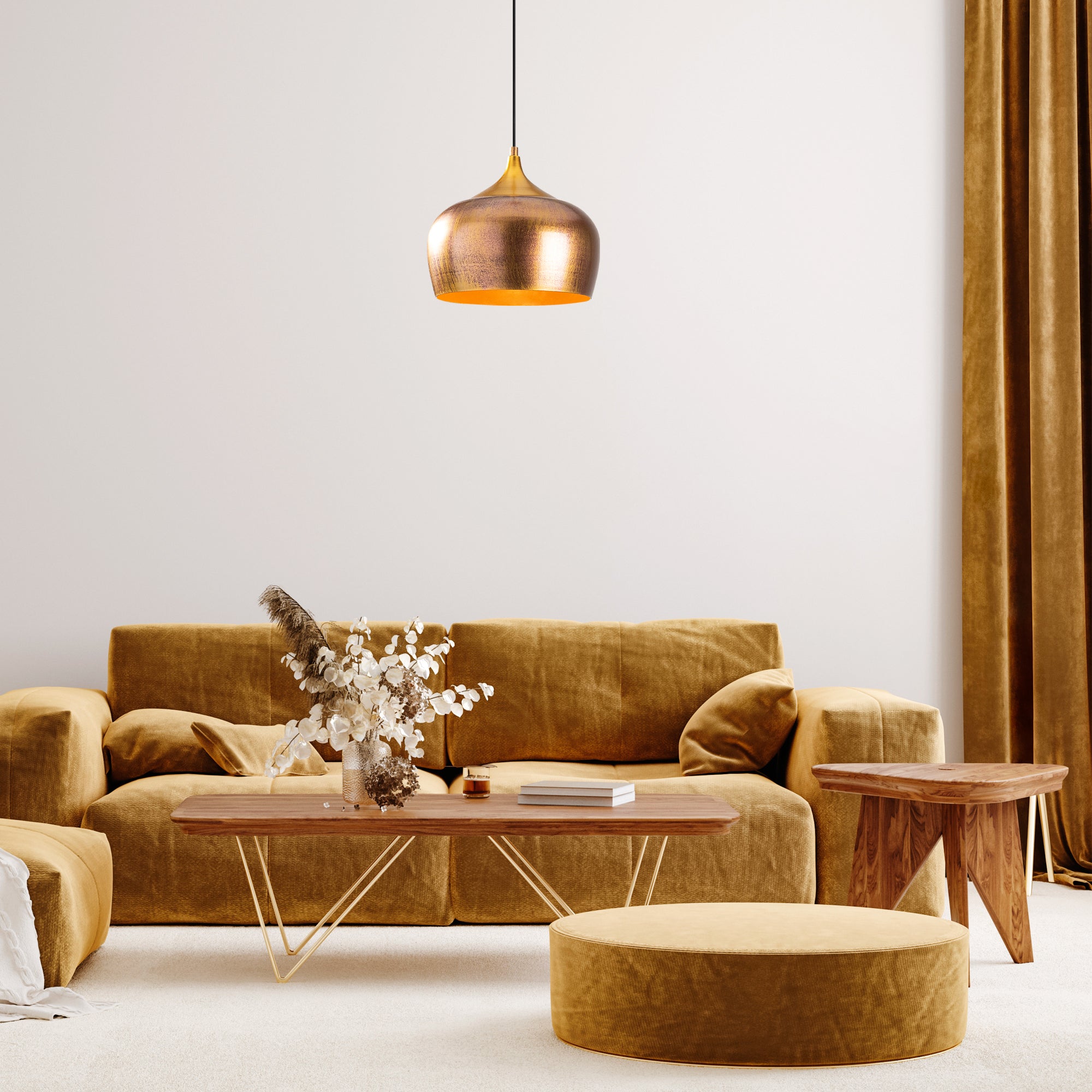 Brushed Gold Dome Pendant Light in a Modern Living Room