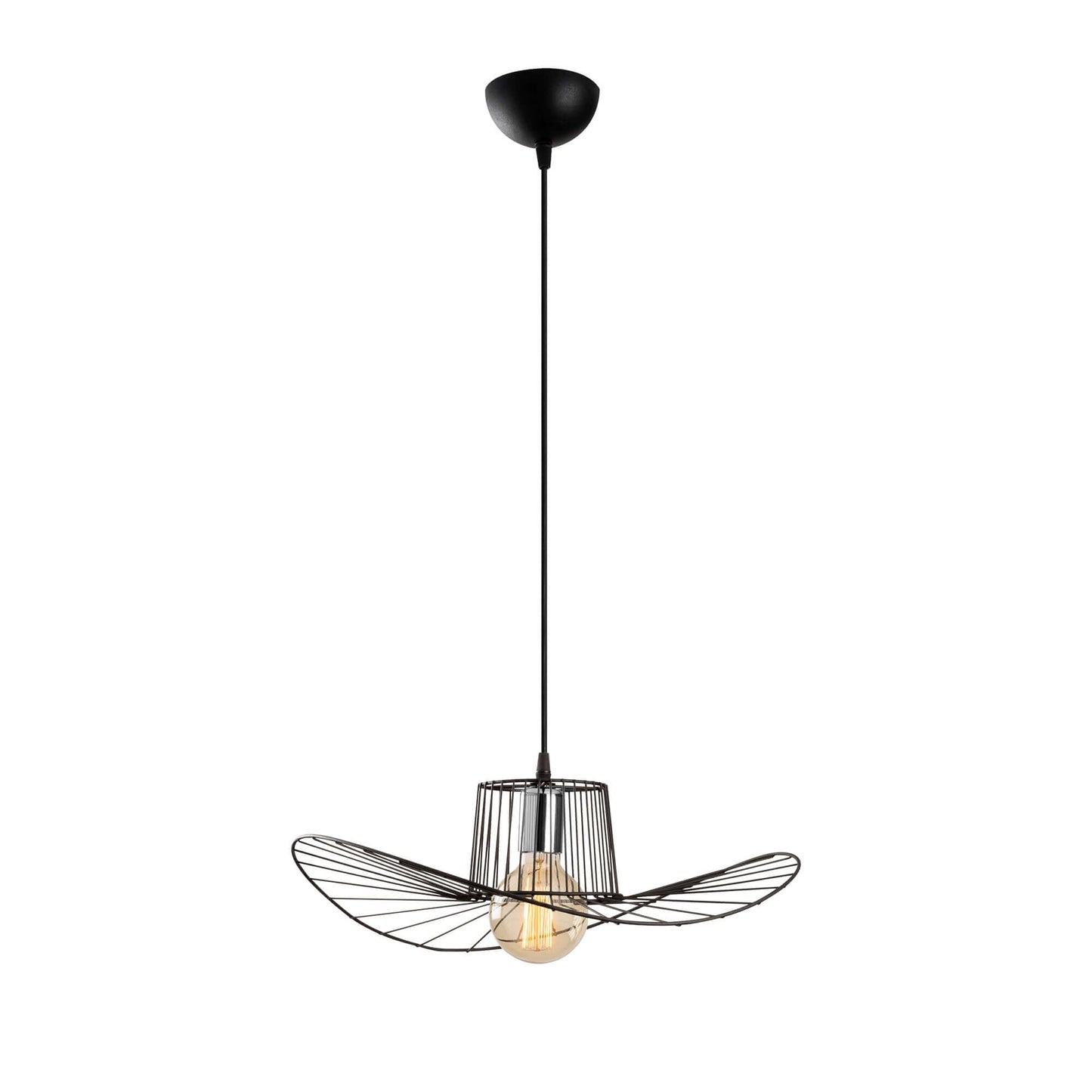 Winged wire pendant light fixture with exposed bulb and artistic design.