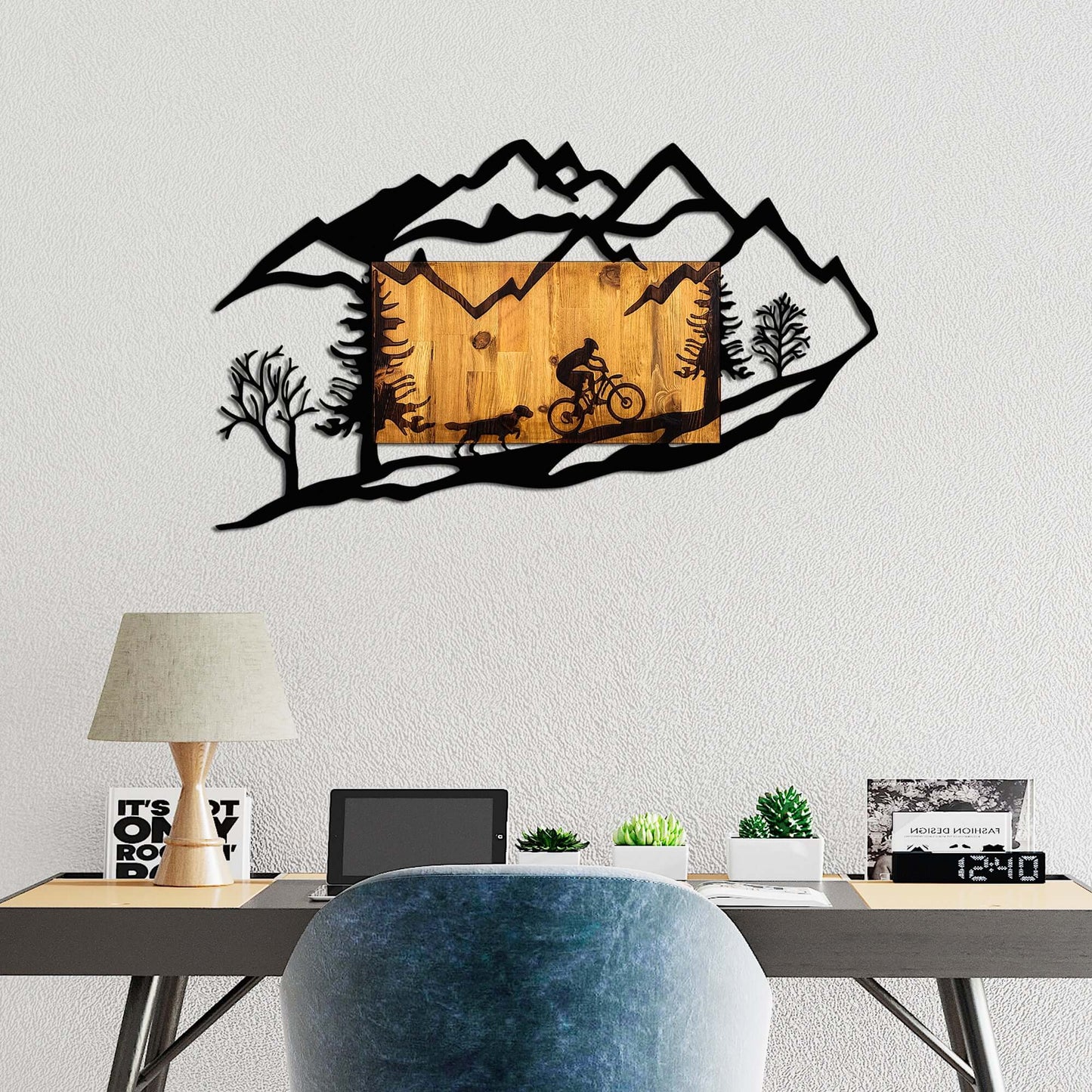 Adventure Journey cyclist and dog wall art for outdoor enthusiasts.