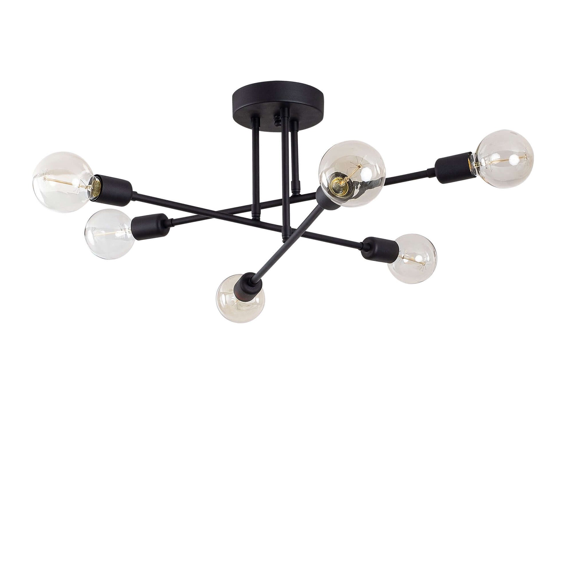 Atomic Branch Chandelier Black with six exposed bulbs on sleek black frame in starburst design.