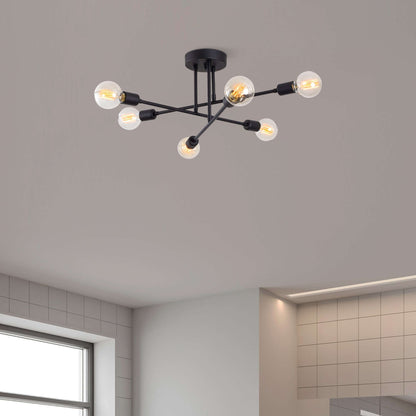 Atomic Branch Chandelier Black with six exposed bulbs on sleek black frame in starburst design.