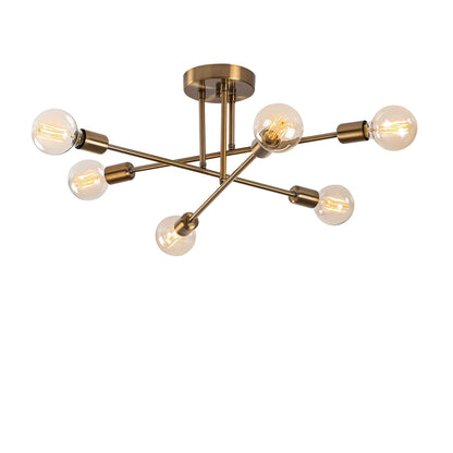 Atomic Branch Chandelier Gold with six exposed bulbs on brass-finished arms.