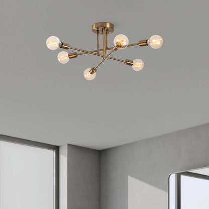 Atomic Branch Chandelier Gold with six exposed bulbs on brass-finished arms.