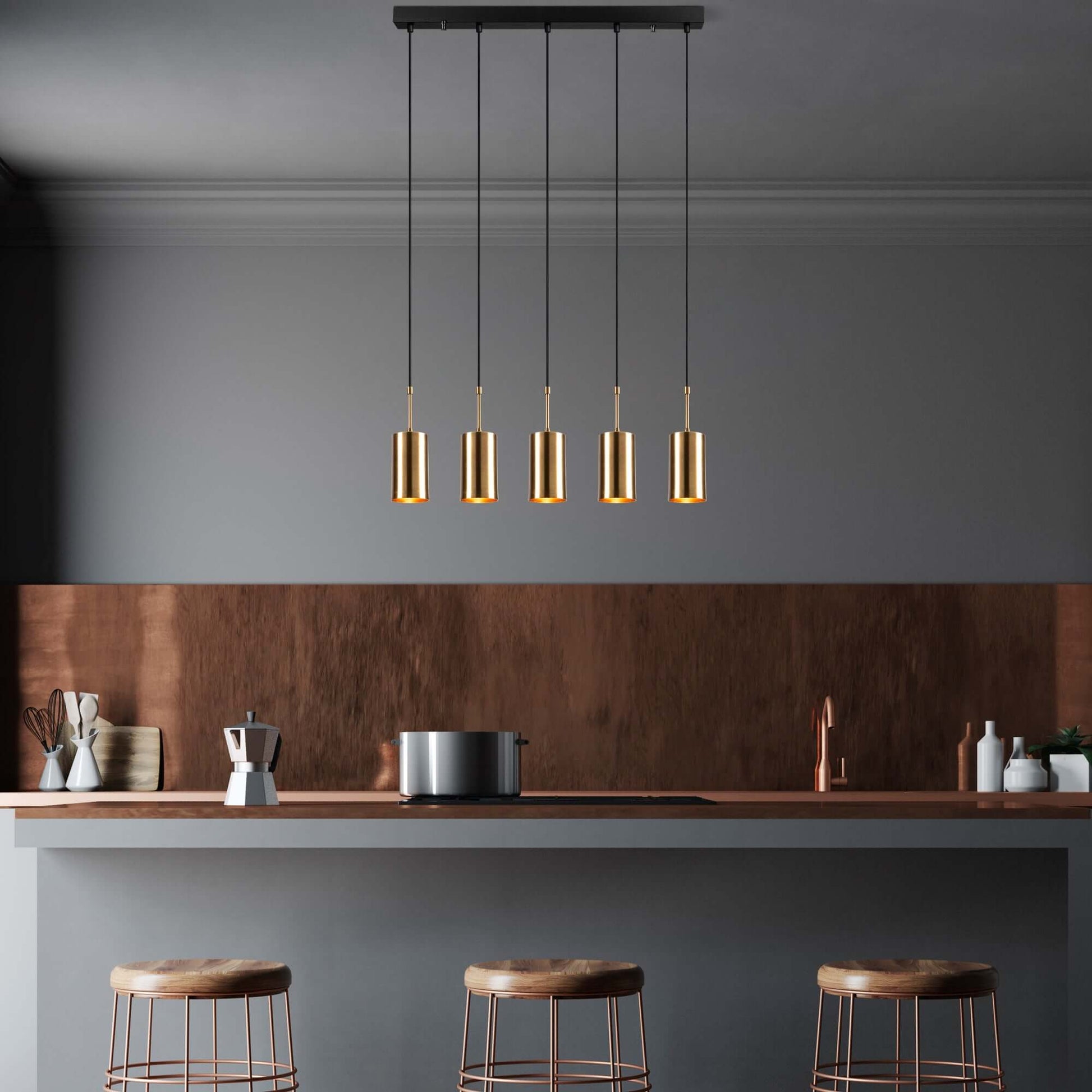 Aurora Cylinder Cluster with Five Gold Pendants - Elegant Statement Lighting for Home Decor