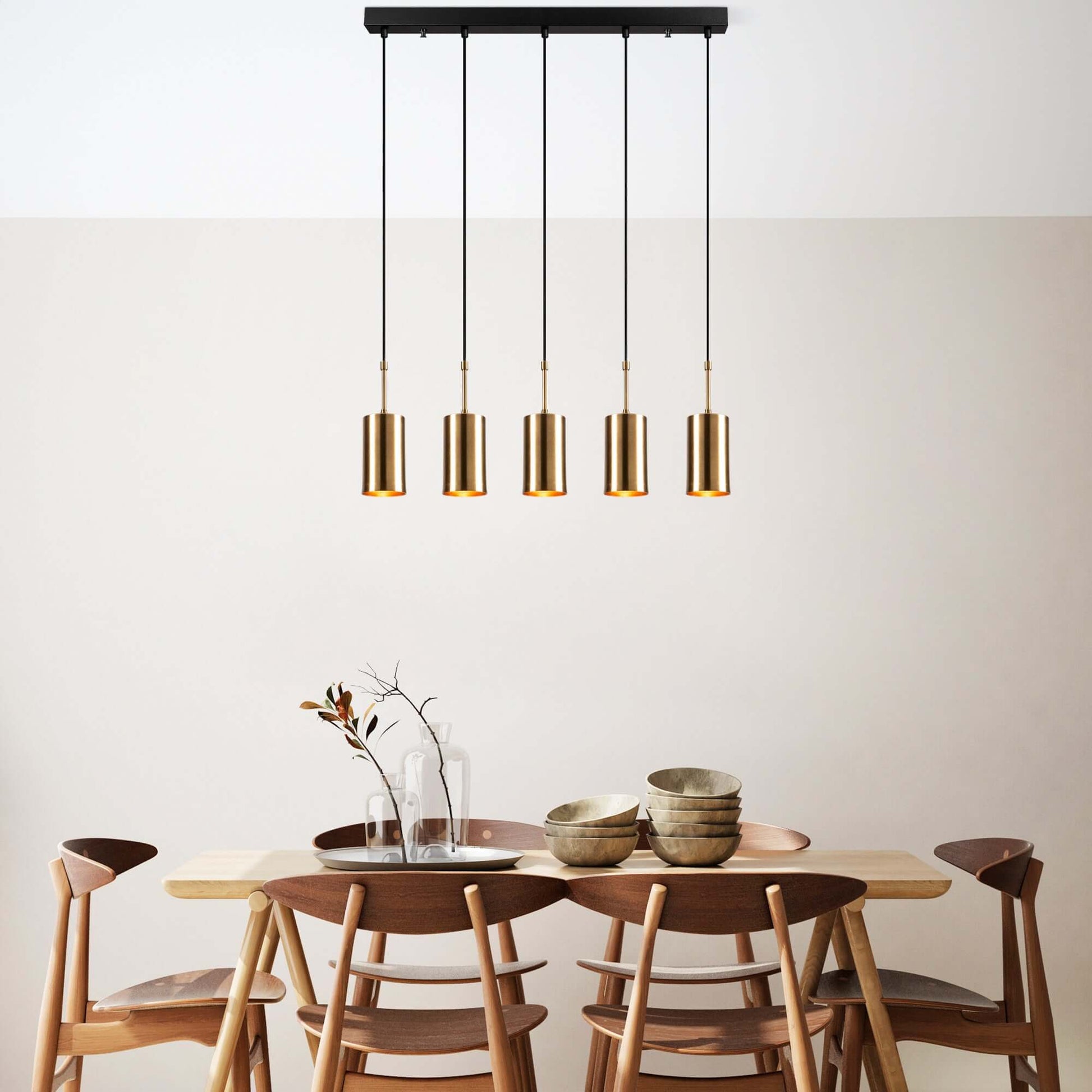 Aurora Cylinder Cluster with Five Gold Pendants for Elegant Lighting Statement