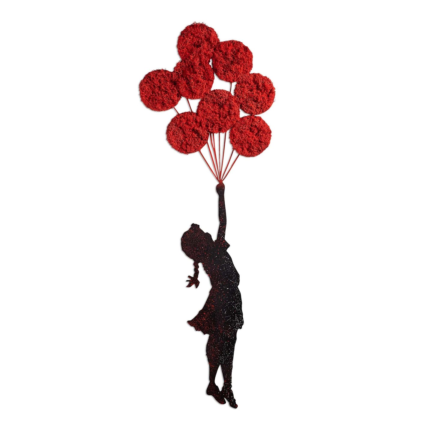 Metal wall decor of girl with vibrant red balloon clusters.