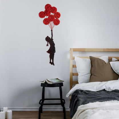 Metal wall decor featuring girl with red balloon clusters, Balloon Dreams Girl.