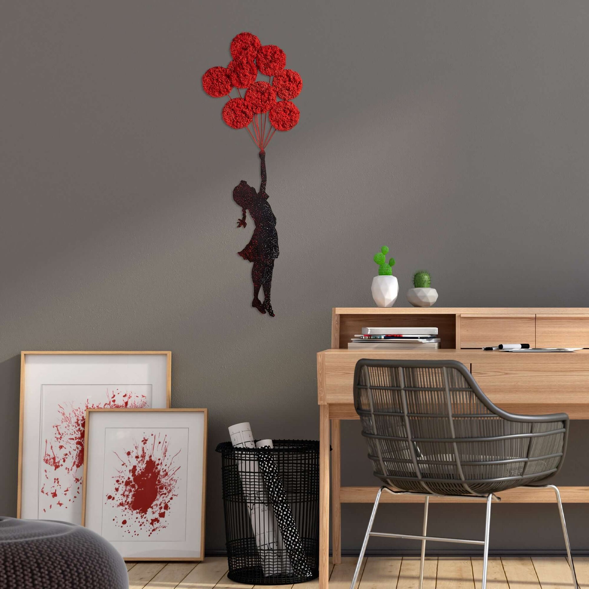 Metal wall decor of girl with vibrant red balloon clusters, Balloon Dreams Girl.