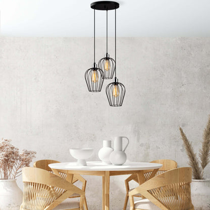 Cage Trio Pendant with modern industrial cage-like shades showcasing bulbs.