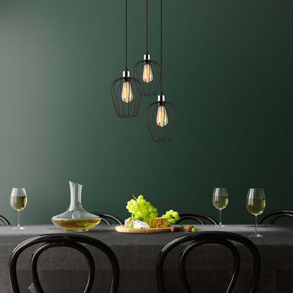 Cage Trio Pendant with three cage-like shades showcasing bulbs for modern industrial decor.