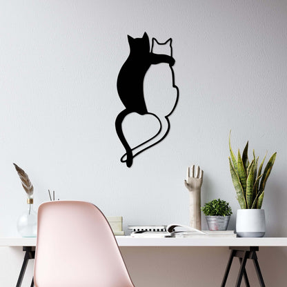 Cat Love Silhouette Metal Wall Decor with Two Cats Forming Heart Tail Shape