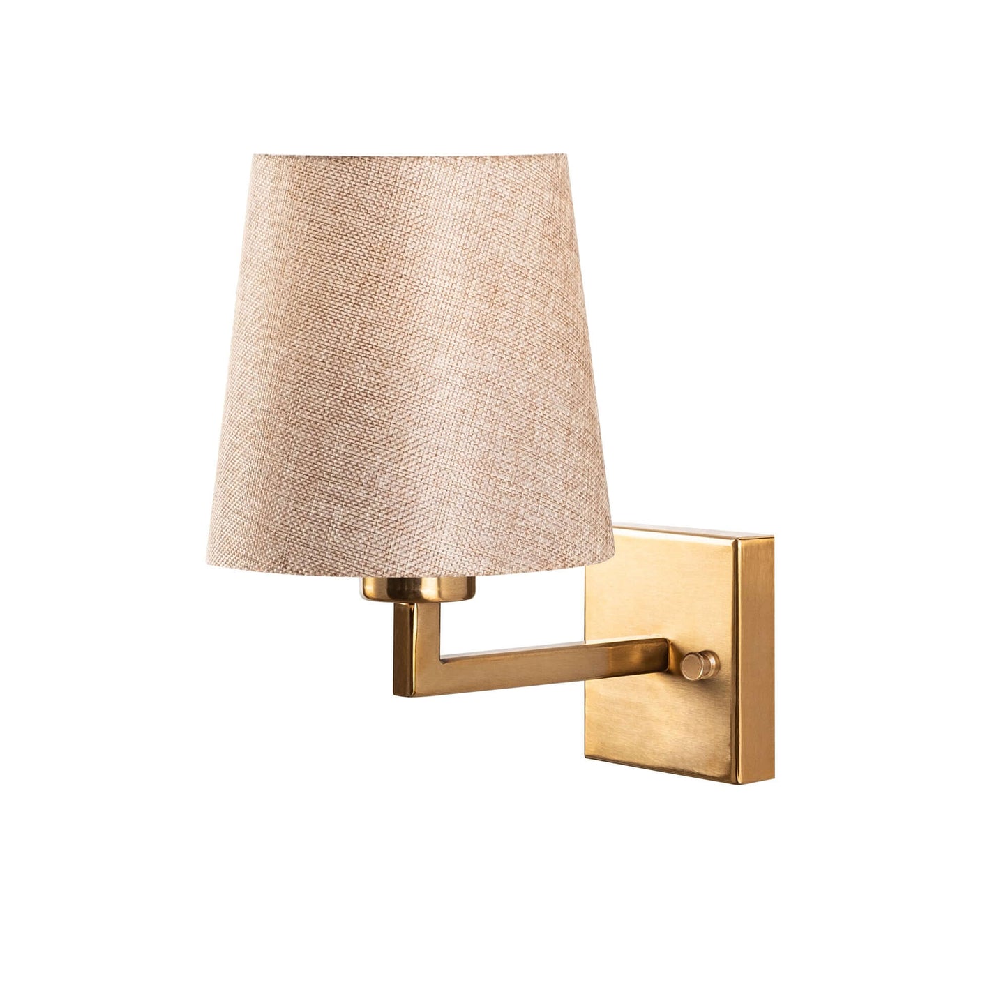 Charm Wall Lamp with Linen Shade and Gold Arm - Modern elegance with warm lighting.