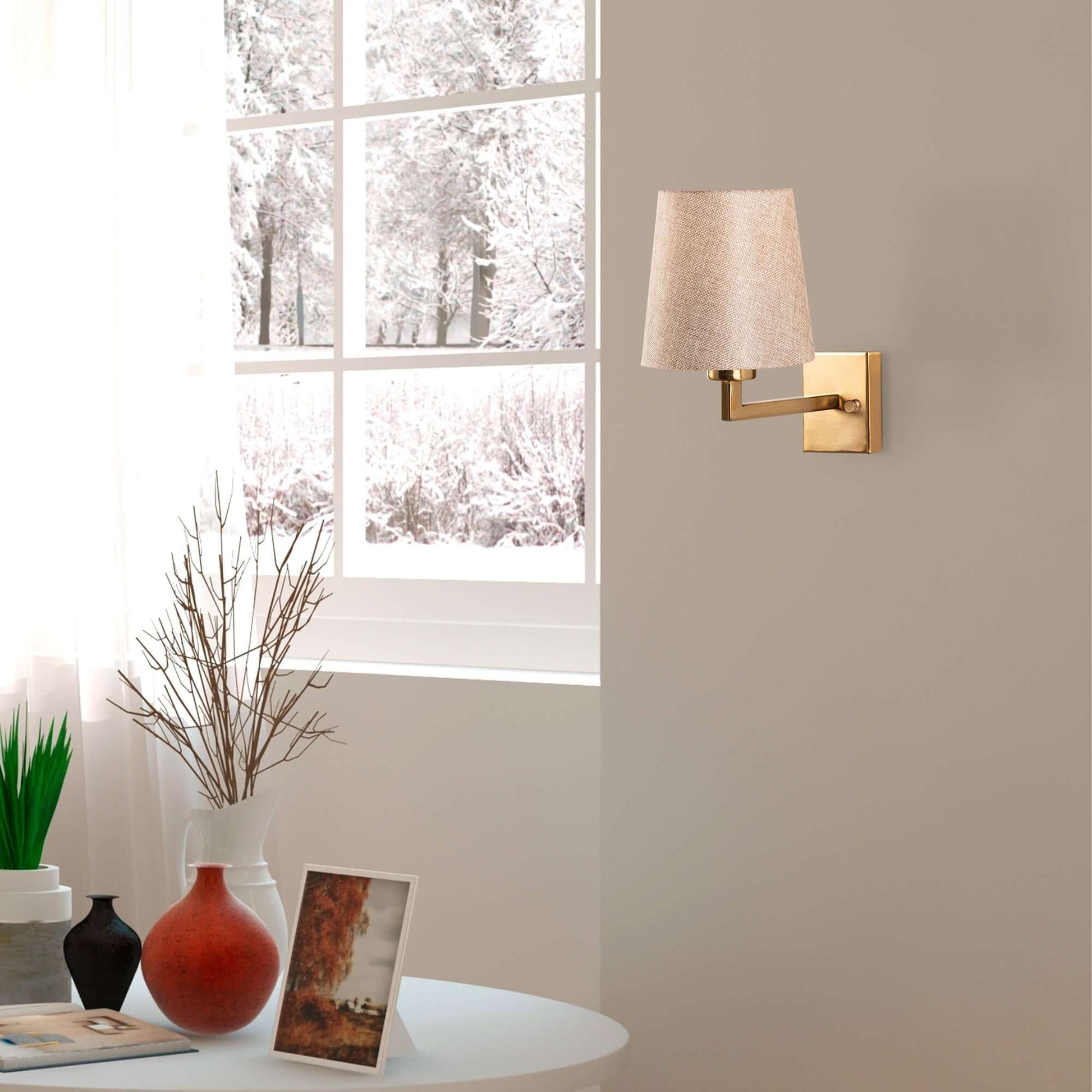 Charm Wall Lamp with Linen Shade and Gold Arm for Modern Elegance