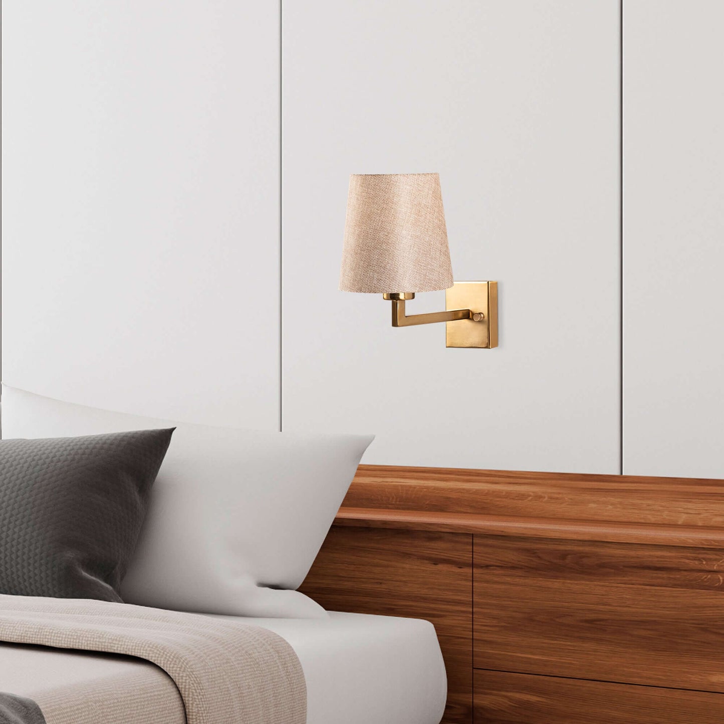 Charm Wall Lamp with Linen Shade and Gold Arm for Warm Lighting