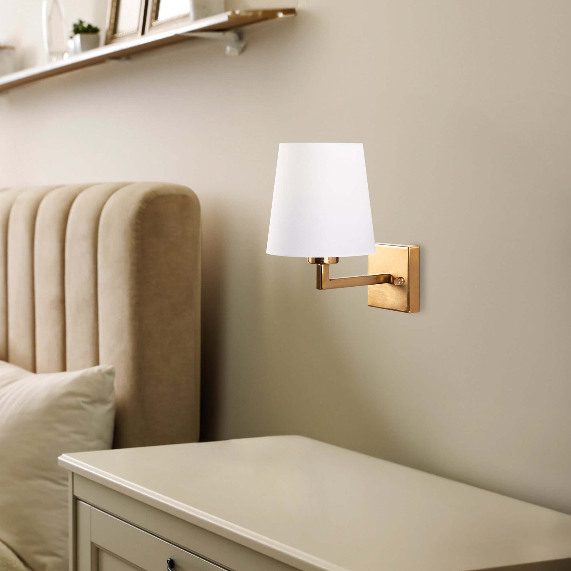 Charm Wall Lamp in White with Gold Arm and Linen Shade