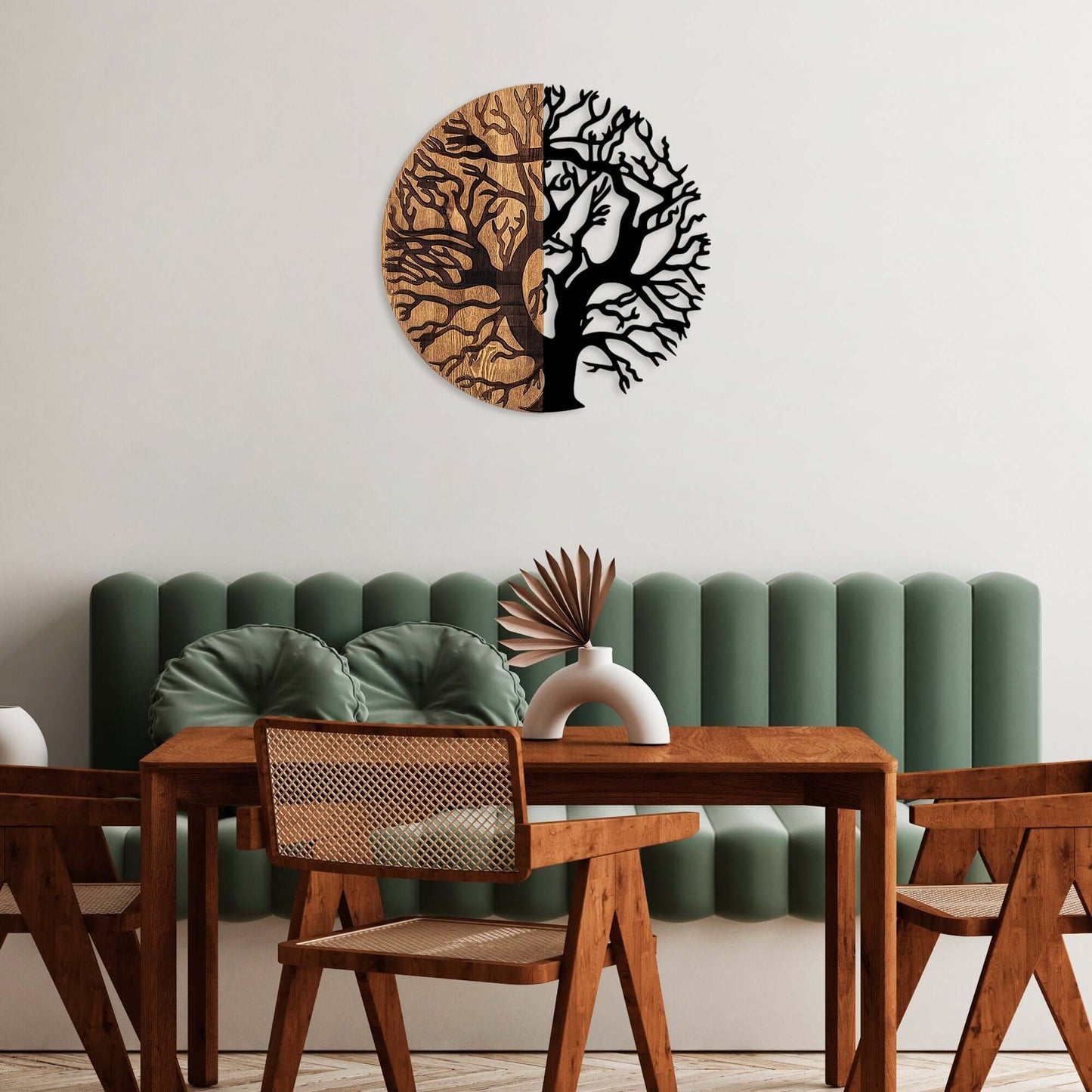 Circular wooden and metal wall art decor with seasonal design.