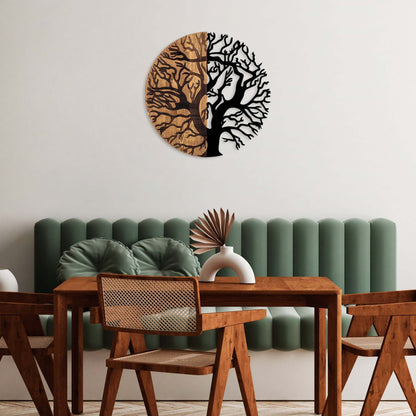 Circular wooden and metal wall art decor with seasonal design.